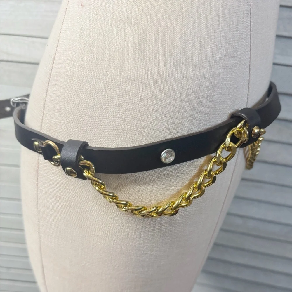 Bebe Leather Belt with Rhinestones and Gold Chains. New with Tags. Size M/L
